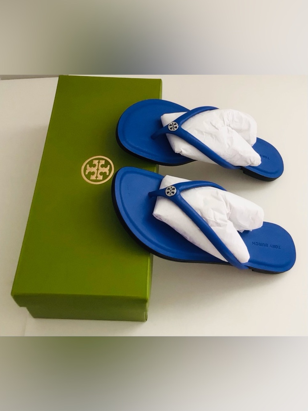 Tory Burch Chelsea Leather Flip Flop Sandals-Eccentric Blue Silver Logo - Picture 11 of 15